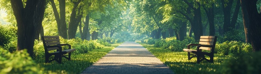 Fototapeta premium A serene pathway lined with lush trees and benches, inviting tranquility and nature exploration.