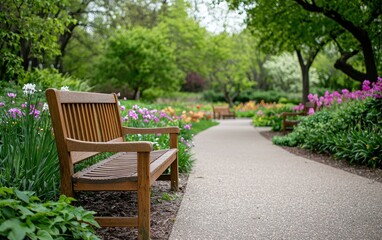 A serene park path lined with vibrant flowers and wooden benches, inviting visitors to relax and enjoy nature's beauty.