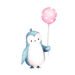 Cute baby penguin with pink balloon drawing cartoon. Animal arctic illustration isolated. Birthday party celebration