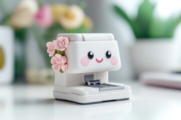 Cute, white, miniature stapler with pink flowers.  A small, cheerful stapler figurine, decorated with delicate pink flowers, sits on a white surface. 