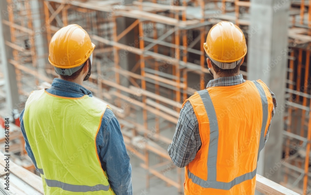 Poster two construction workers in safety gear observe a building site, focusing on scaffolding and ongoing
