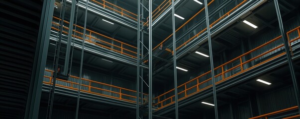 A modern industrial warehouse interior featuring metal racks and orange safety railings, emphasizing storage capacity and structural design.