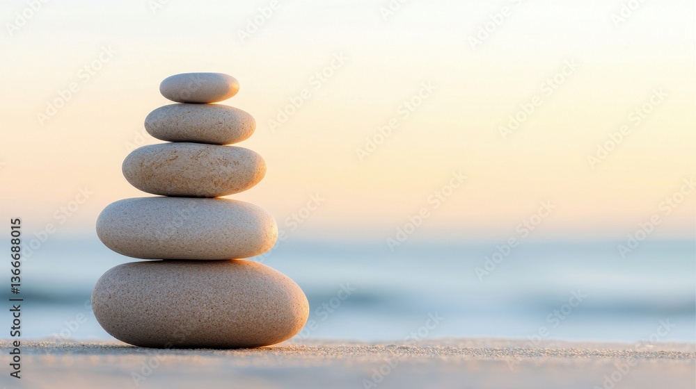 Poster a serene stack of smooth stones balances on the beach, illuminated by soft sunlight, creating a tran