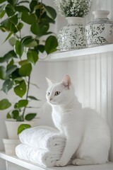 A serene white cat beside neatly stacked towels and a decorative plant on a shelf, creating a calm and inviting atmosphere.