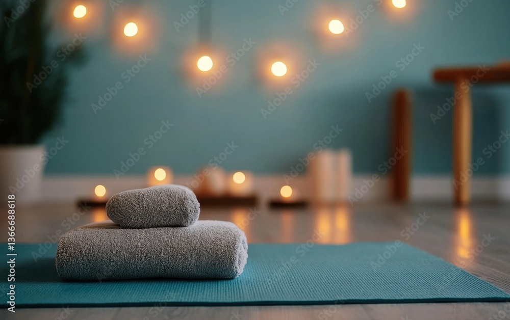 Poster a serene yoga space featuring stacked towels on a mat, with soft lighting creating a calming atmosph