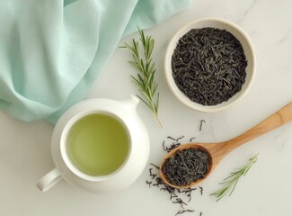 Serving Green Tea with Rosemary, Loose Tea and Decorative Cloth
