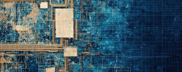 An abstract representation of a circuit-like pattern, showcasing intricate lines and a blend of blue and gold hues, hinting at technology and connectivity.