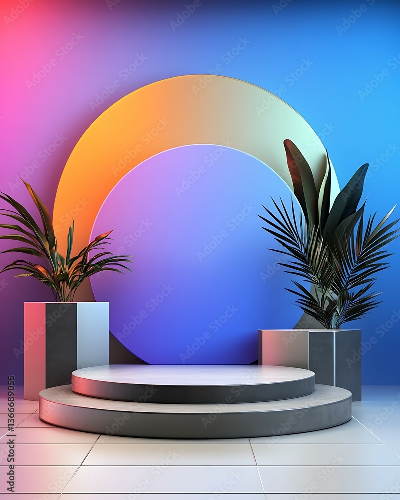 Aufkleber a modern display stage featuring a colorful backdrop with geometric shapes and potted plants, creati