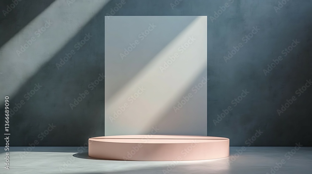 Poster minimalist showcase with a pale podium and a blank canvas against a textured wall, illuminated by so