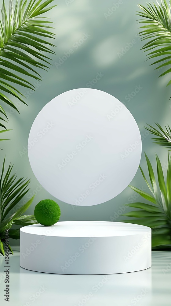 Poster a minimalist display featuring a floating circular object above a white pedestal, surrounded by lush