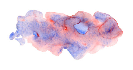 Bright hand painted ultramarine blue and red textured artistic watercolor cloud shape. Abstract creative purple and pink watercolour organic stain for decoration, nature sky concept, banner design