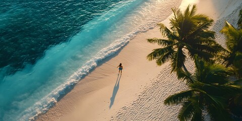 A drone photo of the beach in Goa. Gothic Aerial View, tropical vibes, a woman walking on the sand with footprints.