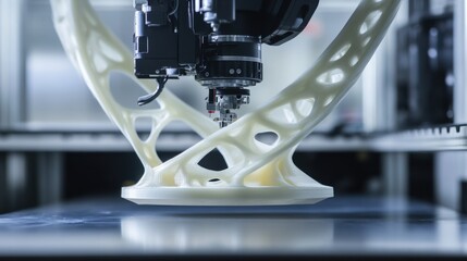 Fototapeta premium A robotic arm in a next generation 3D printing lab, assembling large-scale 3D-printed components for aerospace structures with extreme precision, Aerospace-tech style