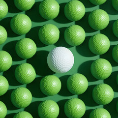 Unique White Golf Ball among Vibrant Green Array – Standout Sports Equipment Icon