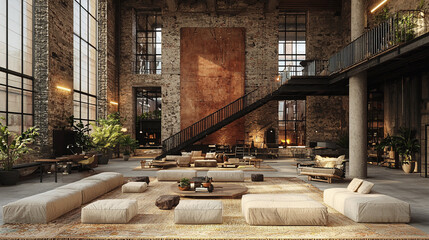 Industrial loft interior design, large open space