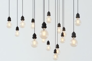 Multiple hanging light bulbs isolated on a white background, concept of ideas, innovation, and inspiration 3D Rendering