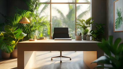 Bright Office Interior with Wooden Desk and Chair Surrounded by Green Plants and Large Window Offering Natural Light