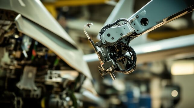 A robotic arm in a precision assembly plant, assembling military-grade drones for surveillance with high precision, Defense-tech style