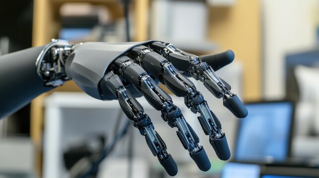 A robotic arm in a precision medical equipment lab, assembling robotic prosthetics for upper limbs with custom precision, Med-tech style