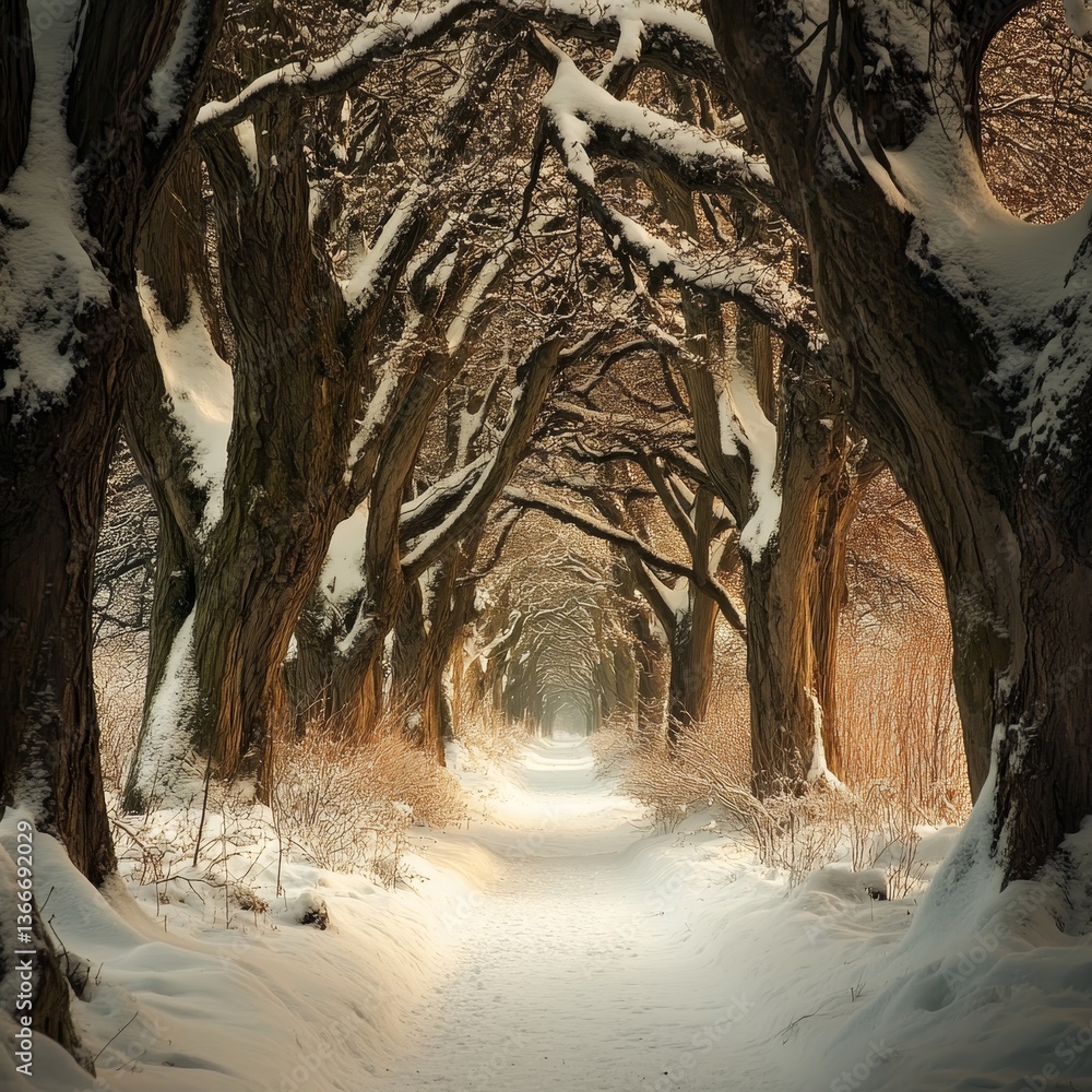 Poster snowy path through an arch of trees