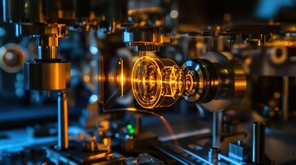 A robotic arm in a precision optics lab, assembling high-power laser lenses for quantum computing, Optics-tech style