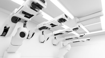 A robotic arm in a robotic surgery room, assembling surgical robotic arms with precise movements for minimally invasive procedures, Med-tech style