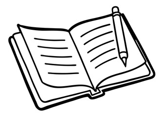 Open Notebook with Pen Vector - Clipart, Line Art & Cartoon Illustration, High-quality open notebook with pen vector, perfect for clipart, line art, and digital designs.