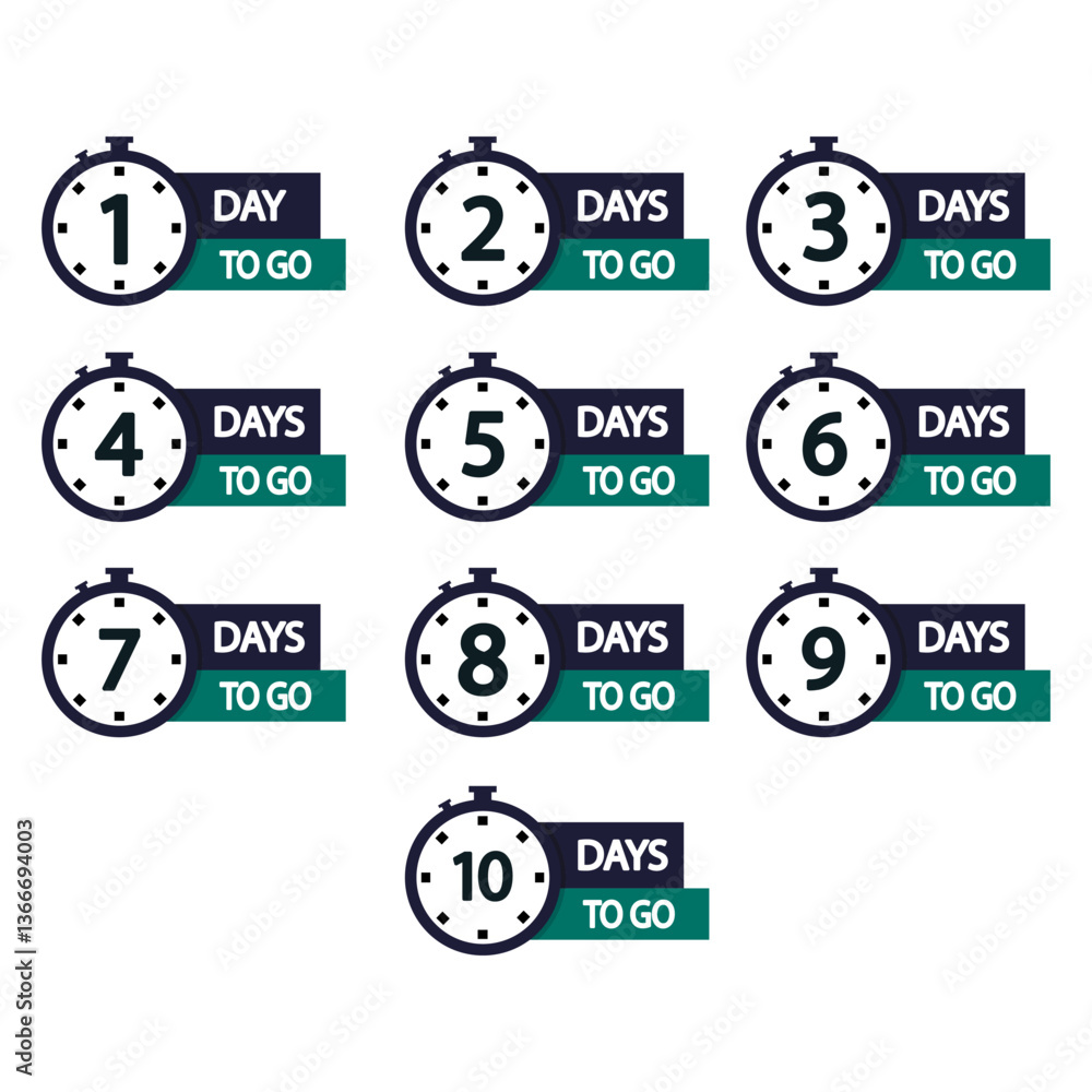Poster set of countdowns. days to go. modern clock collection. ten numerical icons.