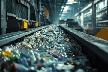 Plastic Waste Recycling Process on Automated Conveyor Belt in Factory