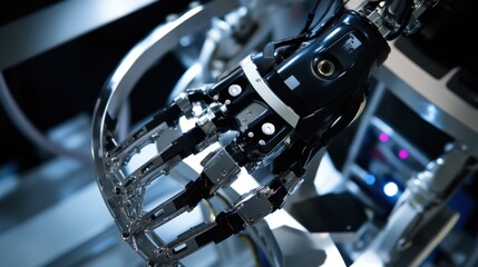 Fototapeta premium A robotic arm in a smart factory, assembling AI-powered robots for industrial automation with high precision, Industrial-tech style