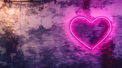 A brightly glowing neon heart rests upon a textured wall