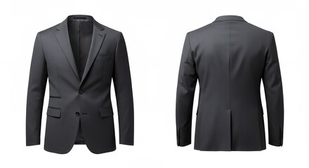 Formal Gray Suit Jacket Front and Back View on White Backdrop