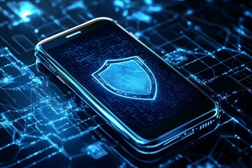 Digital shield surrounding a smartphone, symbolizing digital security and protection, surrounded by glowing data streams against a dark background.