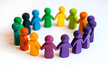 A circle of wooden toy people in different colors, standing together on a white background