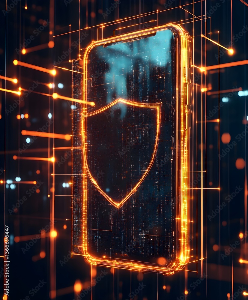 Poster digital shield surrounding a smartphone, symbolizing digital security and protection, surrounded by 