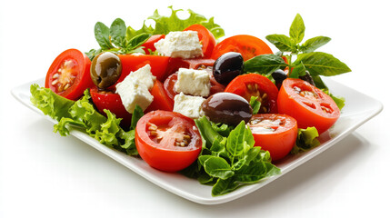 vibrant Mediterranean style salad featuring fresh tomatoes, olives, and creamy feta cheese, garnished with crisp greens and herbs, perfect for healthy meal