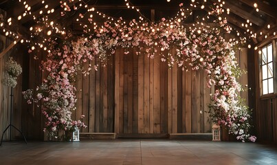 A rustic wedding venue is decorated with flowers and lights