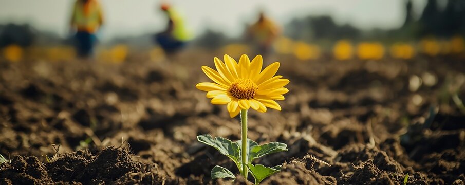 A vibrant yellow flower stands out against freshly tilled soil, with safety-geared workers in the background, symbolizing agricultural diligence and environmental care.