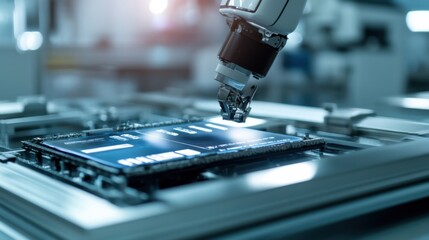 A robotic arm in a state of the art 3D electronics lab, assembling flexible OLED screens for foldable smartphones, Electronics-tech style