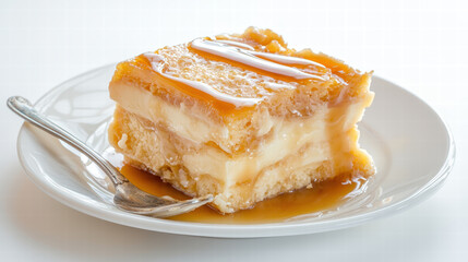 Delicious sticky toffee pudding served on white plate, featuring layers of moist sponge cake and creamy filling, drizzled with rich caramel sauce, evoking sense of indulgence and comfort