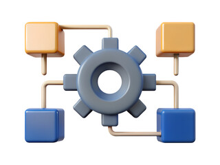 Illustration of a gear connected to four cubes by pipes in a network configuration system diagram transparent background