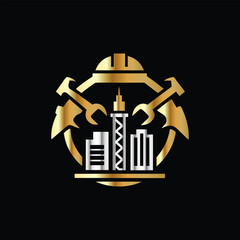 Engineering and Construction Logo with gear and building. Vector Illustration. Real Estate, Building, Construction and Architecture Logo Icon Vector Template. Abstract Creative Symbol for Corporate 