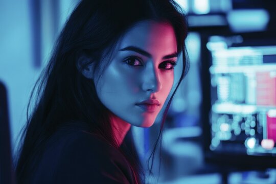 Asian Woman Stares Intensely Under Dramatic Blue and Red Lighting