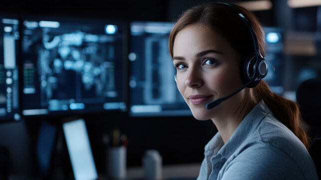 Portrait of a professional woman with a friendly expression, wearing a headset, working in a modern customer support office