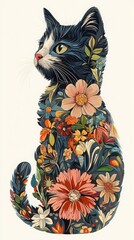 Floral Fantasy: A creative illustration presents a whimsical cat silhouette adorned with vibrant blooms and foliage, blending nature and artistry in a visually captivating display.