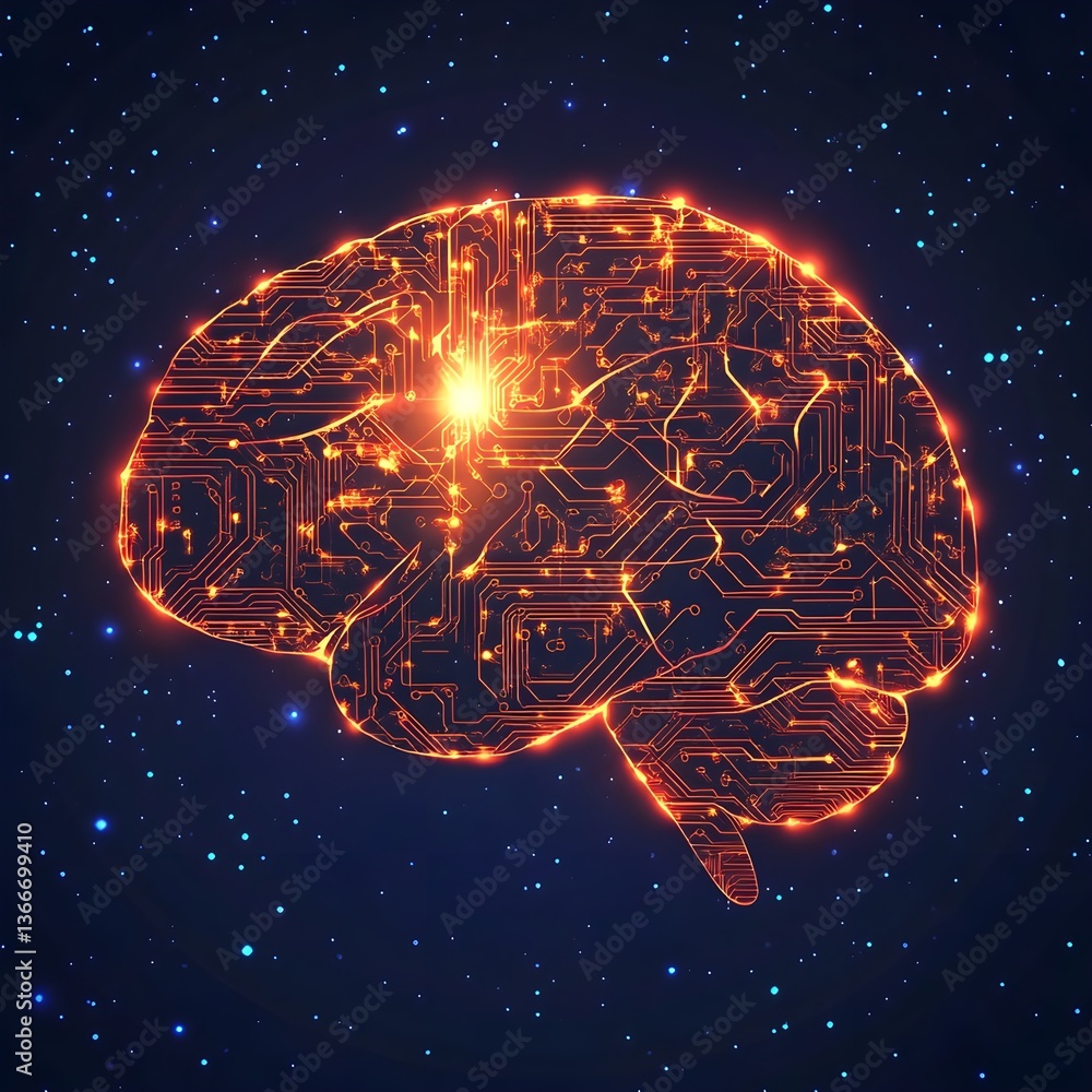Poster a digital brain made of glowing orange lines and circuit patterns, set against an indigo background 