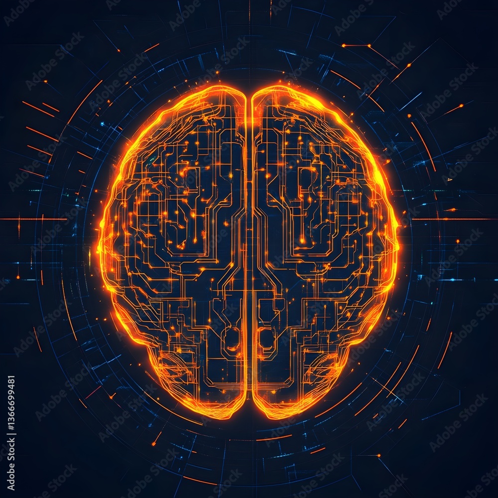 Poster a digital brain made of glowing orange lines and circuit patterns, set against an indigo background 