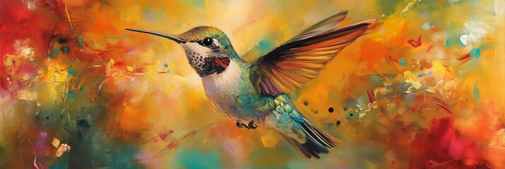 Fototapeta premium Hummingbird painted with colorful abstract brushstrokes.