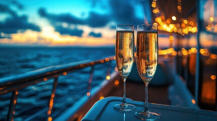 Obraz premium Cheers to the Sea: Two elegant glasses of champagne, glowing in the twilight, set against the backdrop of the sea, symbolizing luxury and celebration.