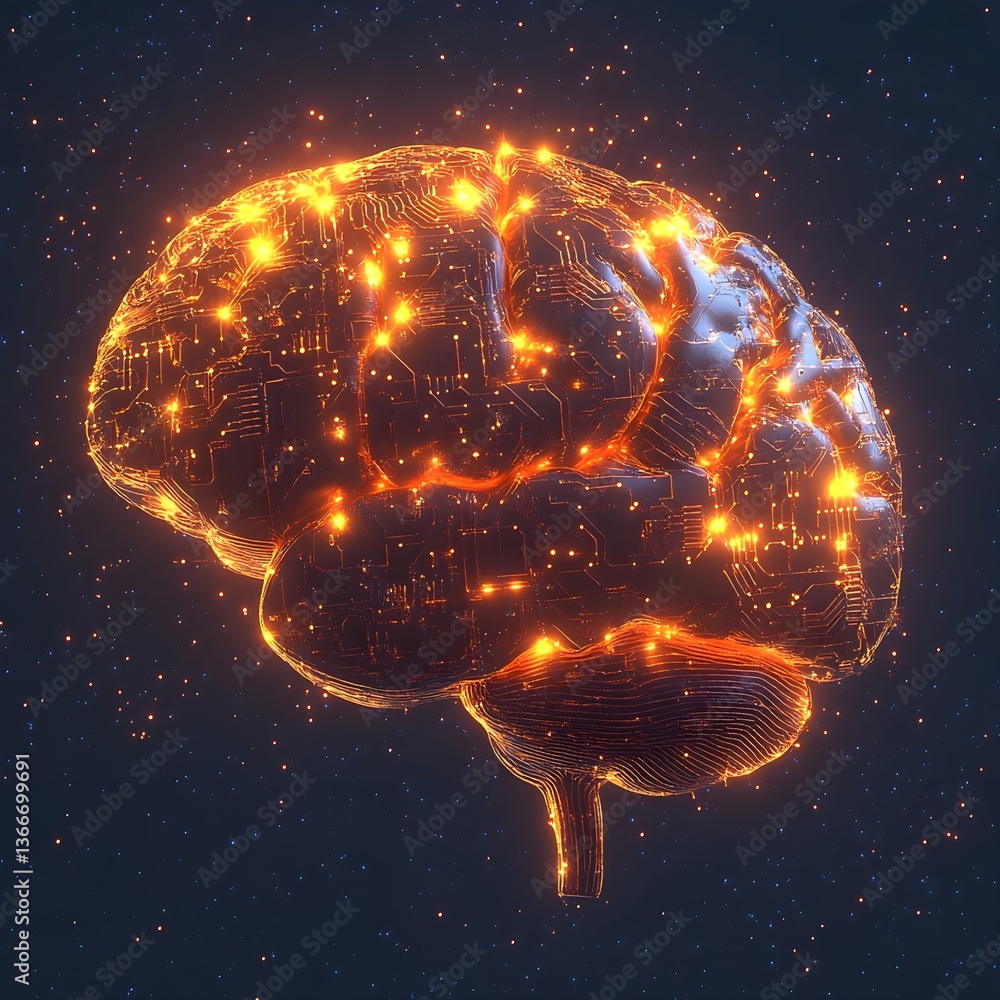 Poster a digital brain made of glowing orange lines and circuit patterns, set against an indigo background 